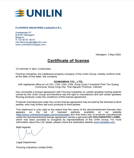 UNILIN集團Uniclic Certification專利卡扣授權書.png